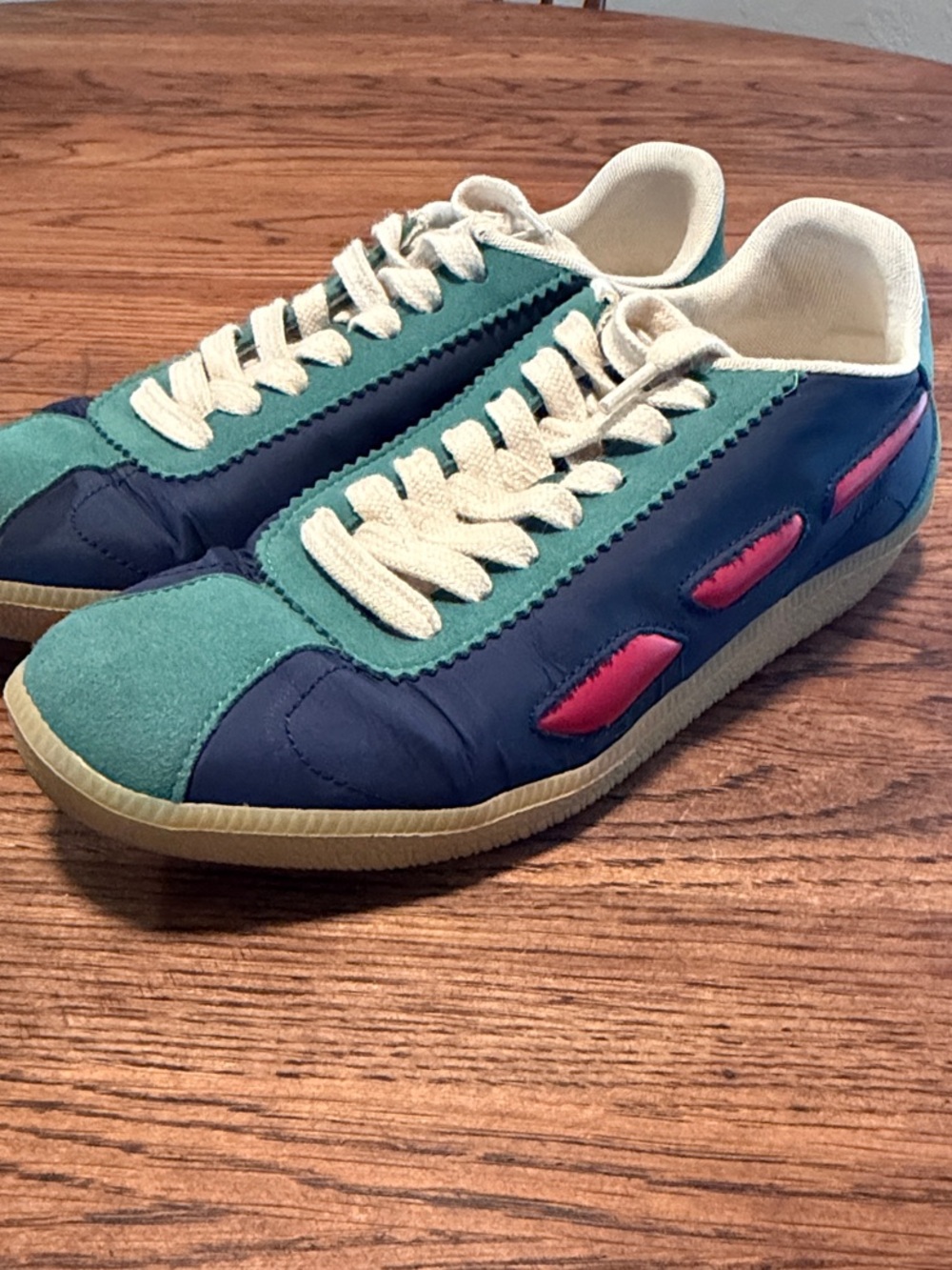 SAYE Ladies Casual Navy and Teal Lace-Up Sneakers with Red Accents